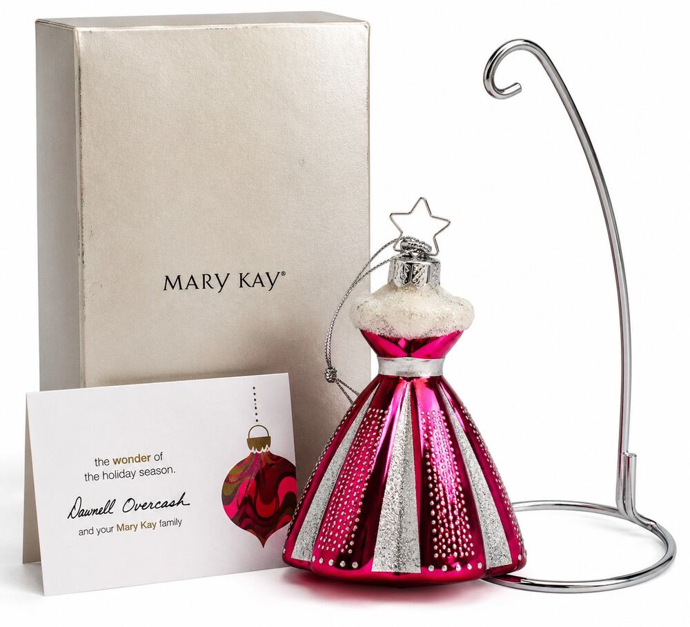 Mary Kay Pink Dress Glass Christmas Ornament Box Display Stand Holiday
